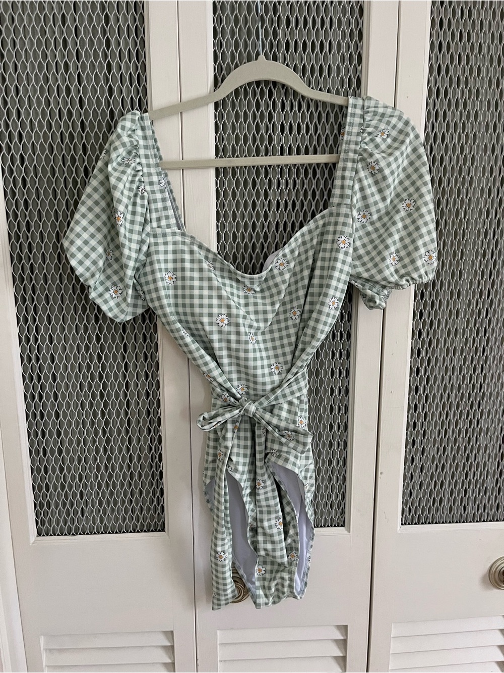 Light green gingham bathing suit with tie
